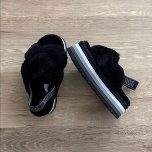 UGG Black Fluffy Platform Sandals